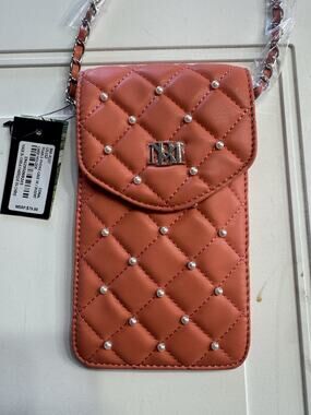 Badgley Mischka Orange Quilted Vegan Leather Pearls Crossbody Phone Case NWT $79